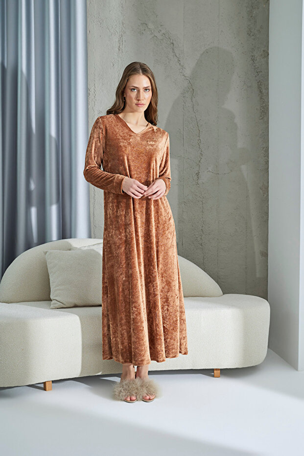 15208 TAŞ BASKILI KADİFE ELBİSE - 2