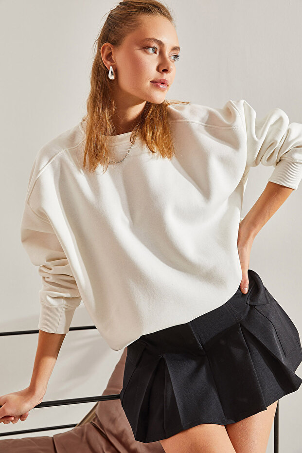 Women's White Three-Thread Ribbed Oversize Sweatshirt 60061003