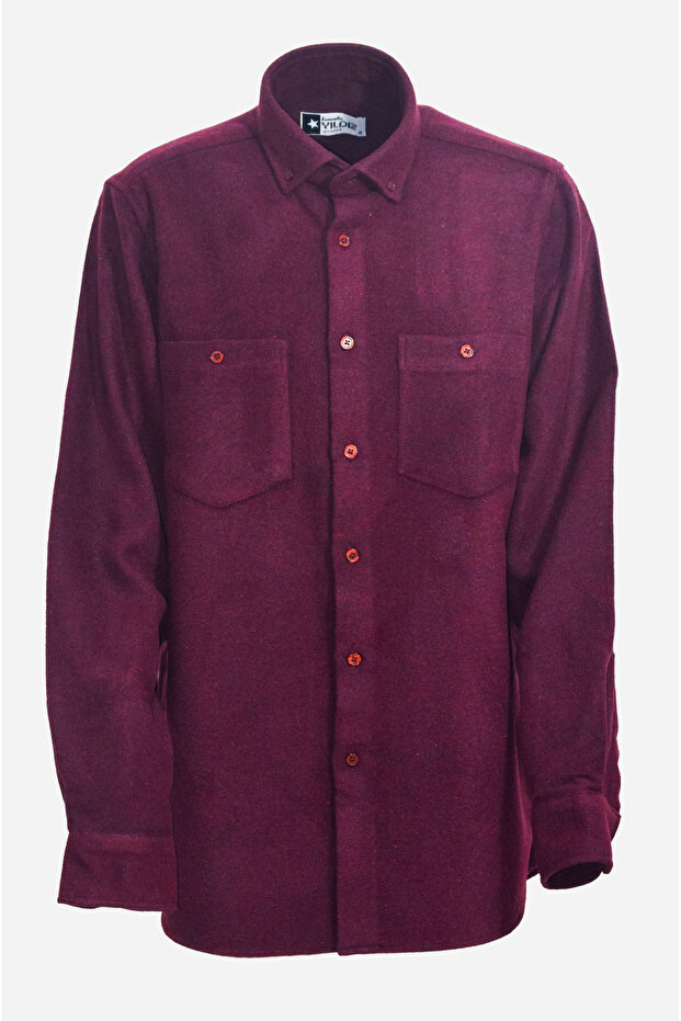 Claret Red Solid Color Double Pocket Buttoned Collar Classic Cut Lumberjack Shirt