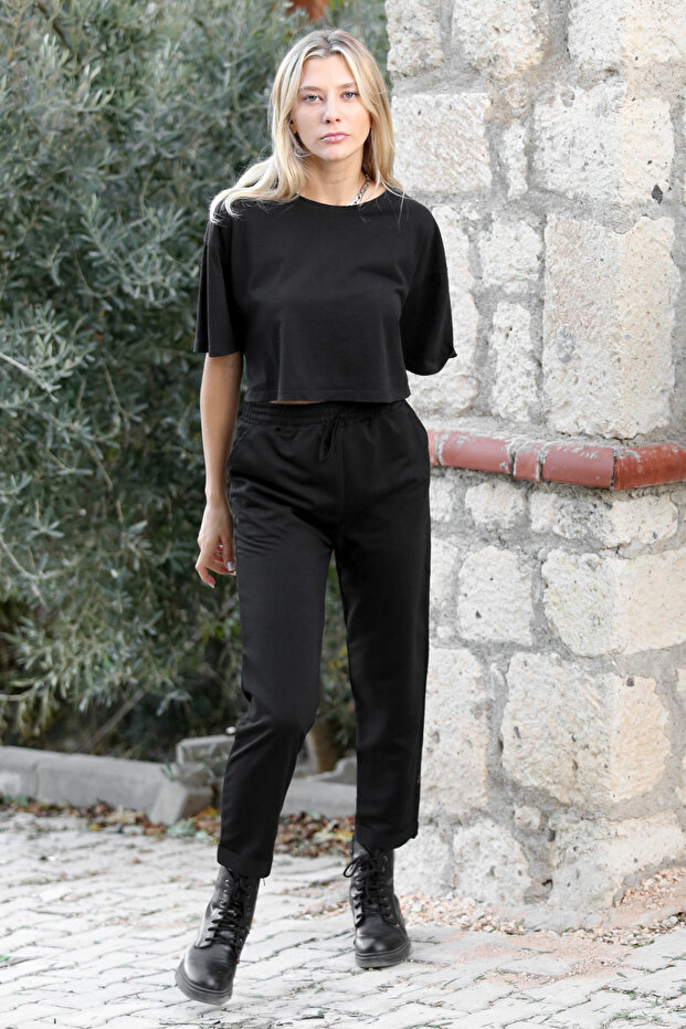 Siyah Örme Duble Paça Jogger Pantolon - 4