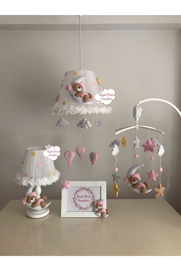 bebek çocuk odası avize dönence set çiçek ayıcık kahve açık pembe sarı balonlu - 1