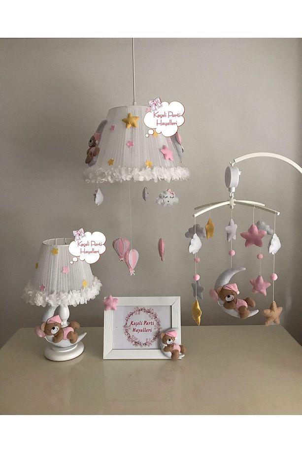 bebek çocuk odası avize dönence set çiçek ayıcık kahve açık pembe sarı balonlu - 2