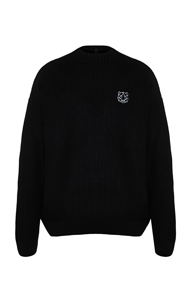 Siyah Oversize Fit Geniş Kalıp Bisiklet Yaka Nakışlı Triko Kazak TMNAW24KZ00032 - 6