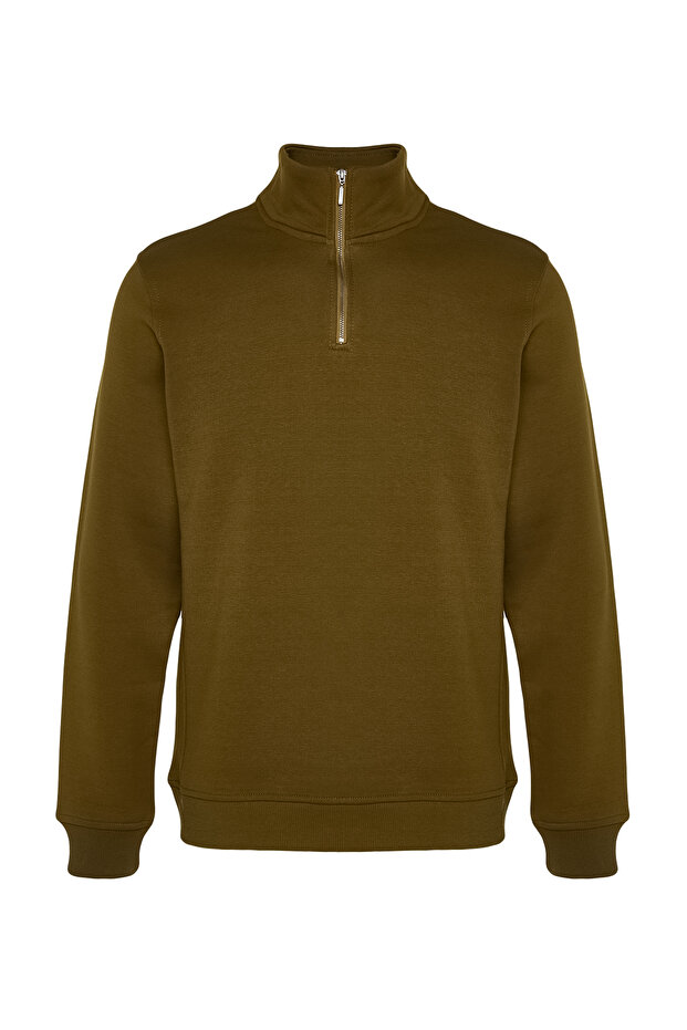 Yeşil Regular/Normal Kesim Dik Yaka Fermuarlı Pamuklu Basic İçi Polarlı Sweatshirt TMNAW24SW00041 - 7