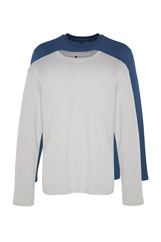 Gri-Indigo 2'li Paket %100 Pamuklu Uzun Kol Regular/Normal Kesim Basic T-Shirt TMNAW24TS00001 - 2