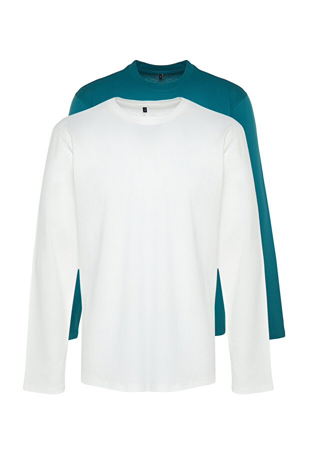 Petrol-Ekru 2'li Paket %100 Pamuk Uzun Kol Regular/Normal Kesim T-Shirt TMNAW24TS00001 - 2