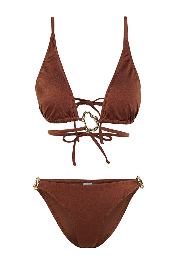 Kahverengi Aksesuarlı Üçgen Kaplı Brazilian Normal Bel Bikini Takımı TBESS24BT00013 - 6