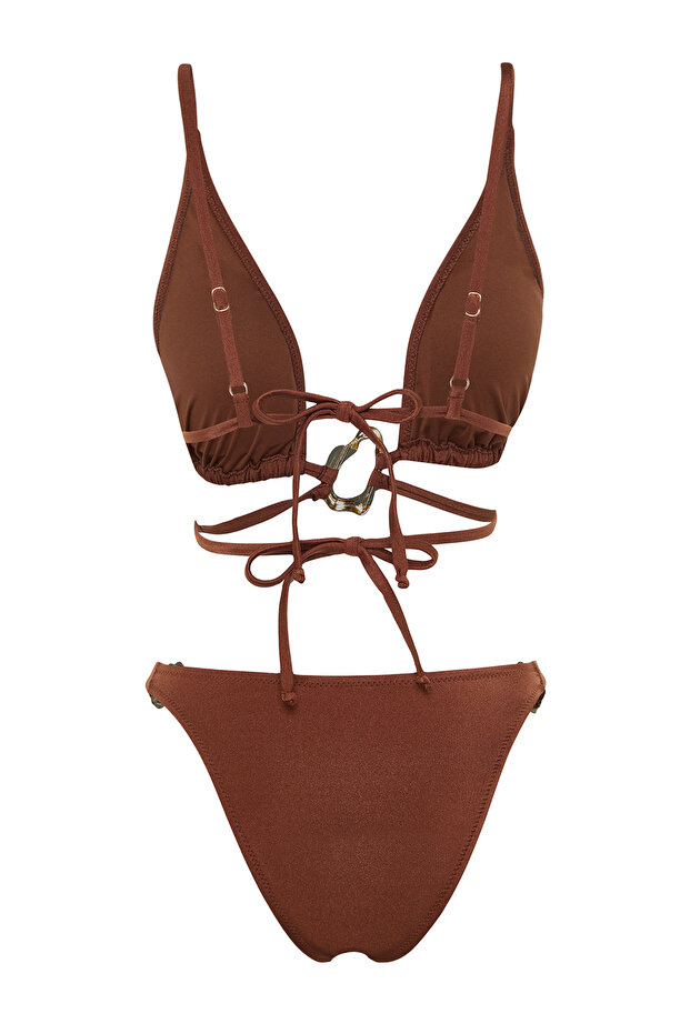 Kahverengi Aksesuarlı Üçgen Kaplı Brazilian Normal Bel Bikini Takımı TBESS24BT00013 - 9