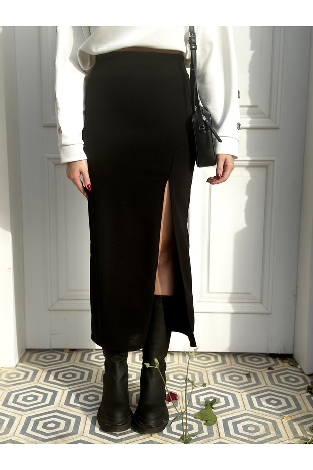 Black Pencil Skirt with Slit Detail 1stClass Production
