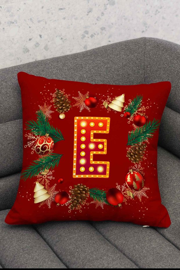 New Year's Themed Red Colored Globe Patterned Digital Printed Throw Pillow Cover