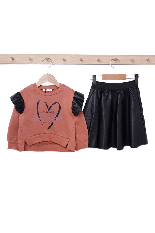 Girl's Crew Neck Long Sleeve Top and Leather Skirt Set 3-6 years old
