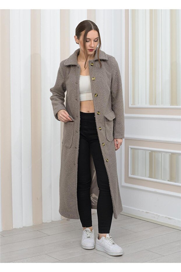 Collared Plush Curly Long Coat Gray