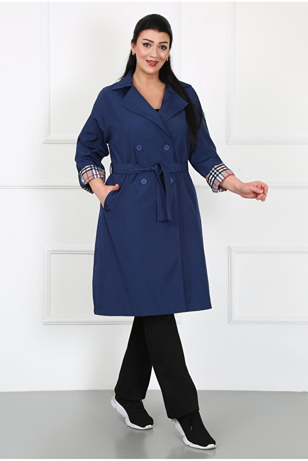 Women's Indigo Water Repellent Bondit Fabric Large Size Trench Coat
