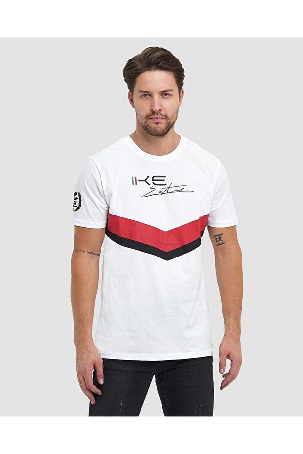 White Color Red Black Printed Men's Short Sleeve Crew Neck T-shirt