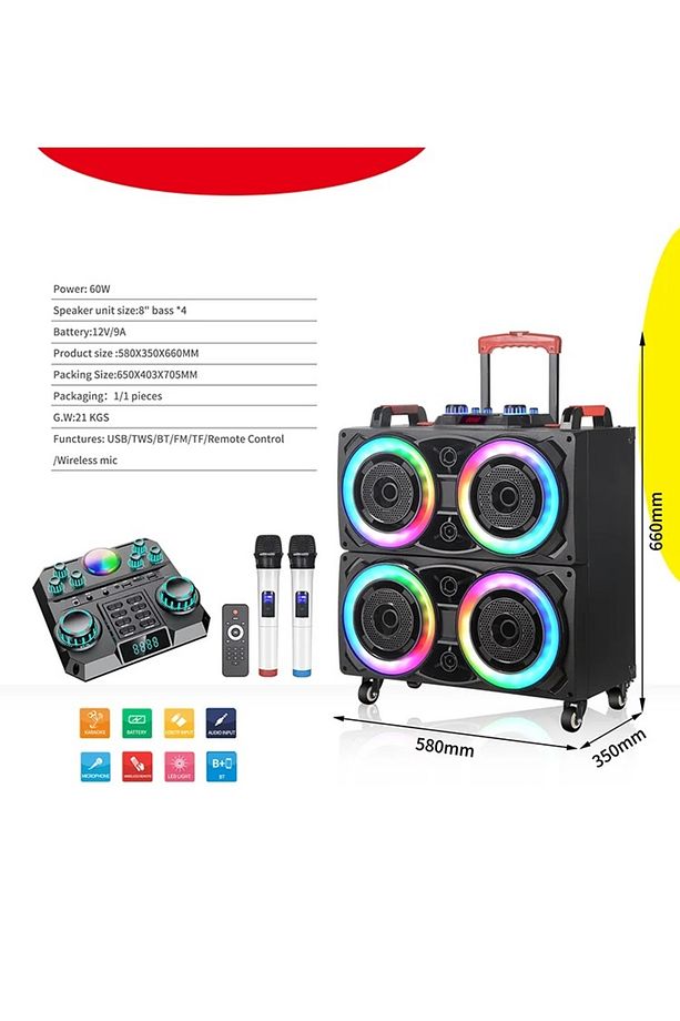 NDR-8888 BÜYÜK BOY BLUETOOTH HOPARLÖR ÇİFT MİKROFONLU TEKERLEKLİ KABLOSUZ SPEAKER TOPLANTI ANFİ - 1