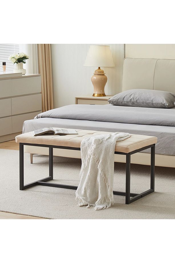Cassina Modern Siyah Metal Ayaklı Kapitoneli Yatak Ucu Oturma Ban Puf Bench Koridor Oturağı - 1