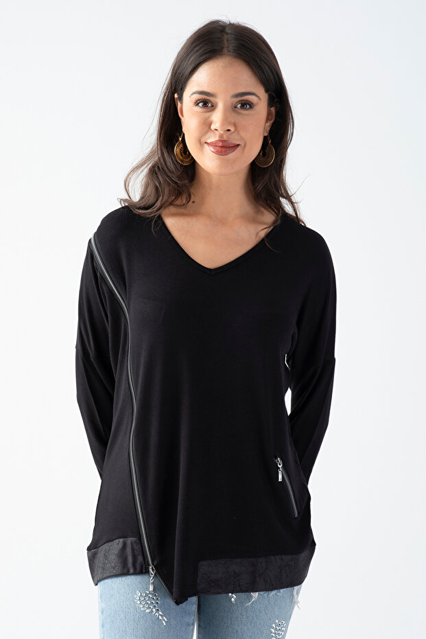 Women's Black Side Zippered Faux Leather Detailed Blouse