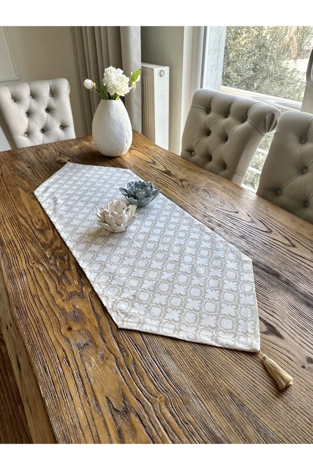 Vintage Tassel Detailed Beige Runner Stain Resistant Care Free