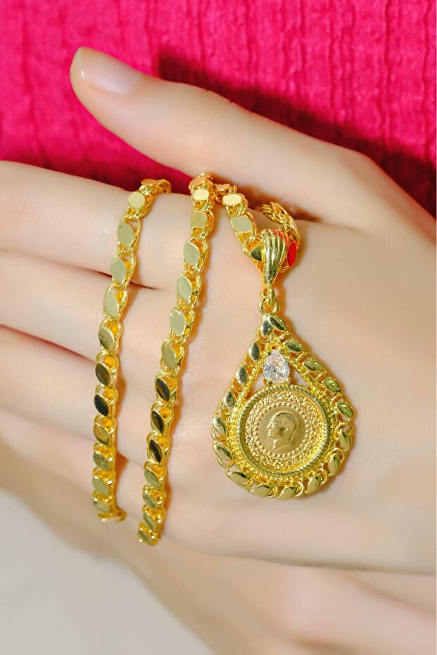 Çeyrek Altınlı Beyaz Taşlı Pullu Kolye - 2