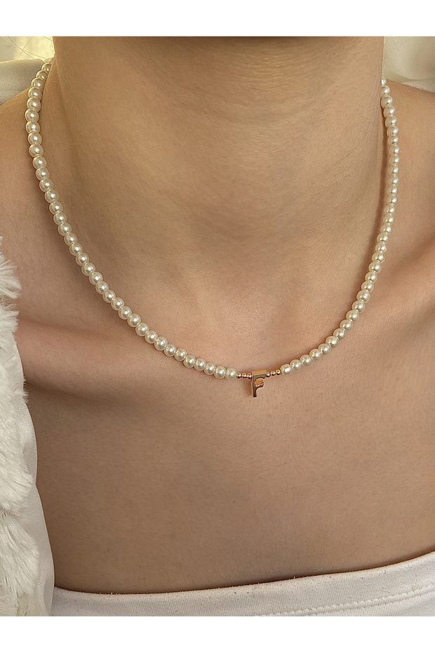 Pearl women's gold necklace with the letter F