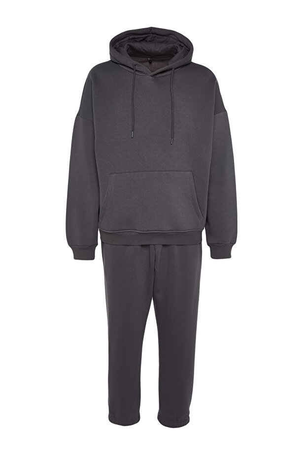 Antrasit Regular Kesim Kapüşonlu Sıcak Tutan Sweatshirt Eşofman Takım TMNAW24EM00002 - 8