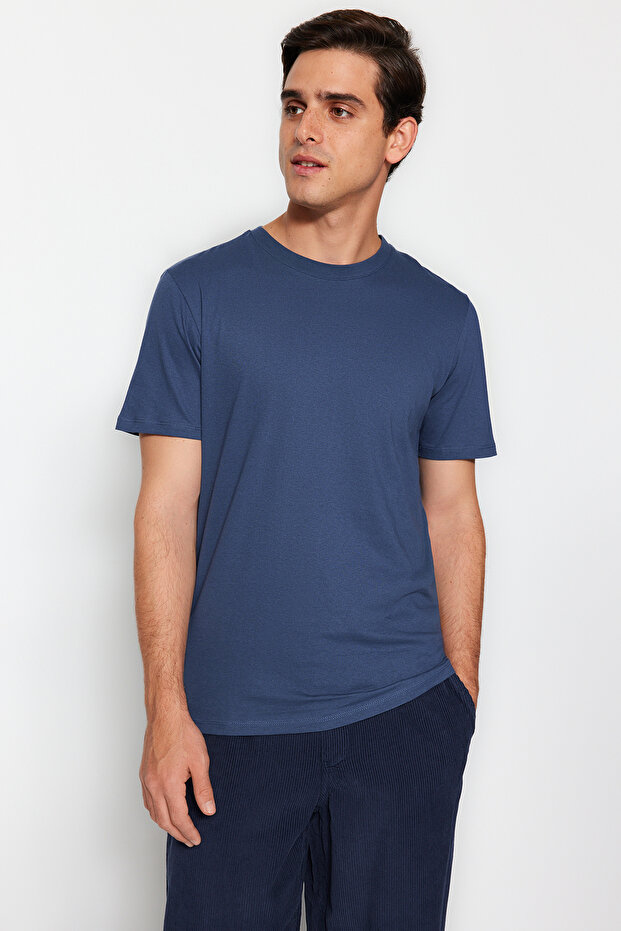 Gri-Ekru-Indigo Slim/Dar Kesim Bisiklet Yaka Basic %100 Pamuklu 3'lü Paket T-Shirt TMNSS19BO0007 - 9