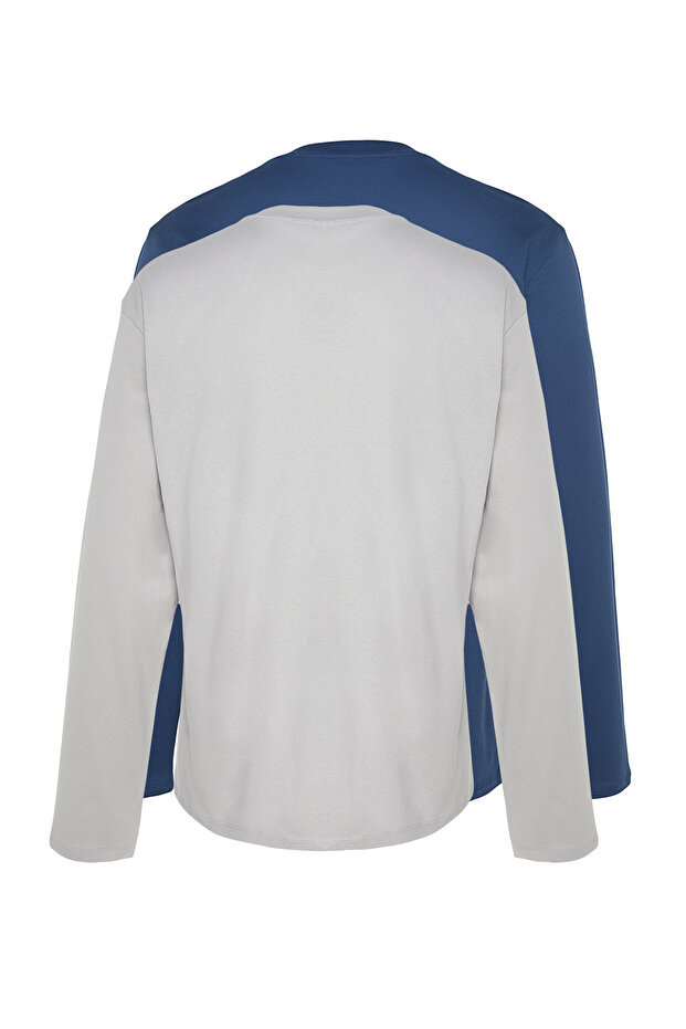 Gri-Indigo 2'li Paket %100 Pamuklu Uzun Kol Regular/Normal Kesim Basic T-Shirt TMNAW24TS00001 - 3