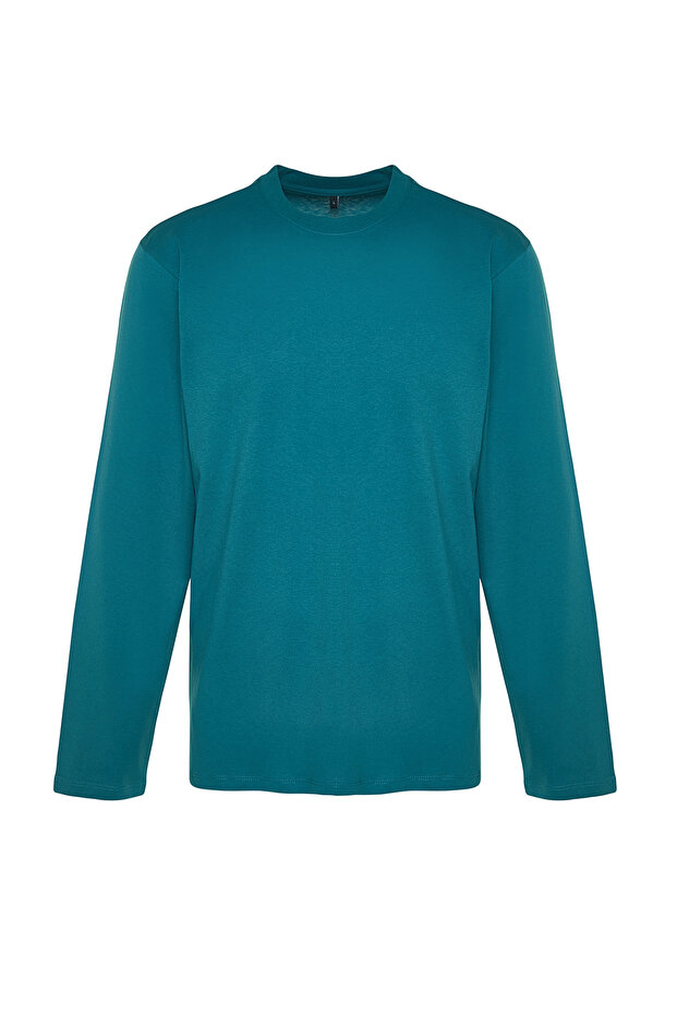 Petrol-Ekru 2'li Paket %100 Pamuk Uzun Kol Regular/Normal Kesim T-Shirt TMNAW24TS00001 - 4