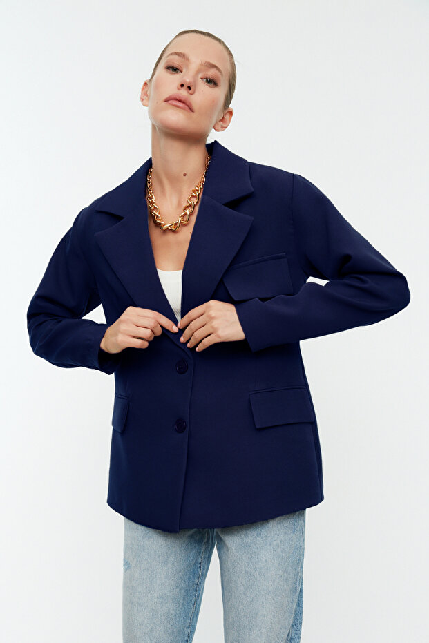 Lacivert Oversize Astarlı Dokuma Blazer Ceket TWOSS22CE0077 - 1