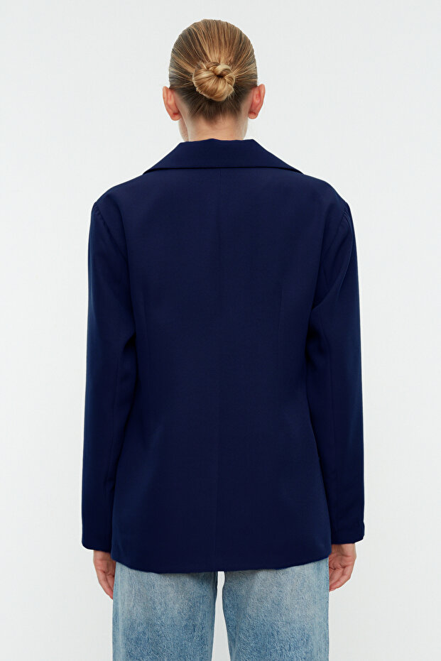 Lacivert Oversize Astarlı Dokuma Blazer Ceket TWOSS22CE0077 - 5