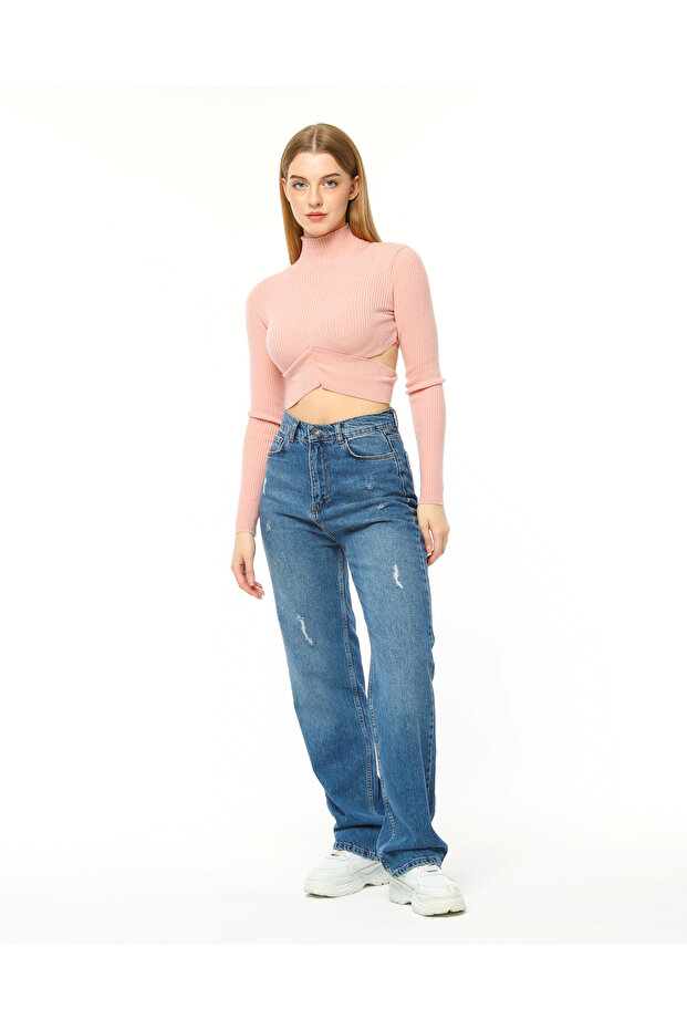 Balıkçı Yaka Bel Dekolteli Triko Crop - 2