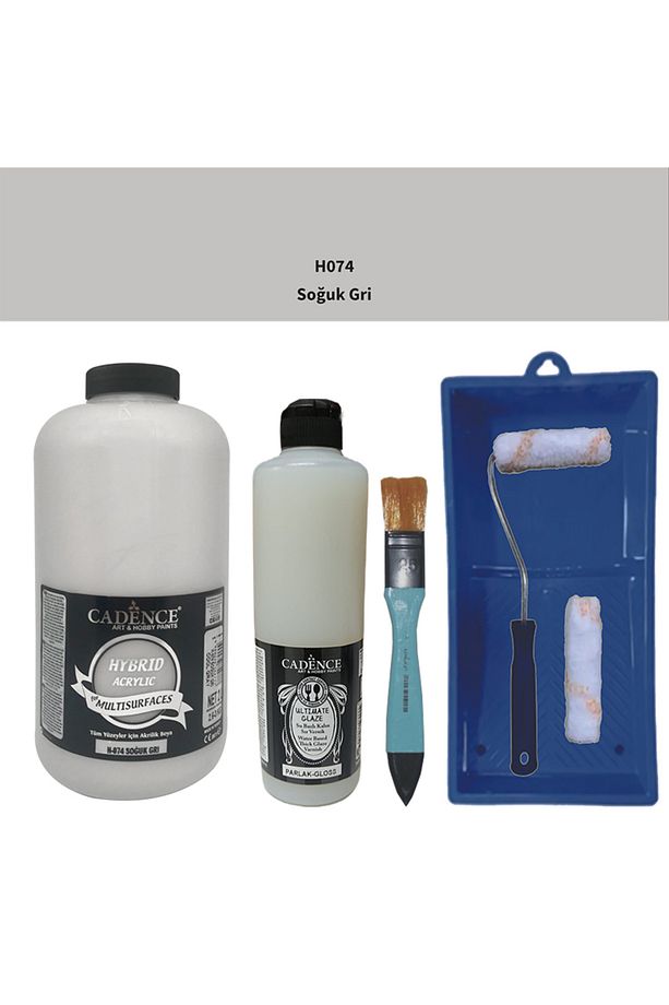 Mobilya Boyası-Cadence Multisurface H-074 Soğuk Gri 2Lt Ultimate Parlak Vernik 500Ml Saten Rulo Set - 1