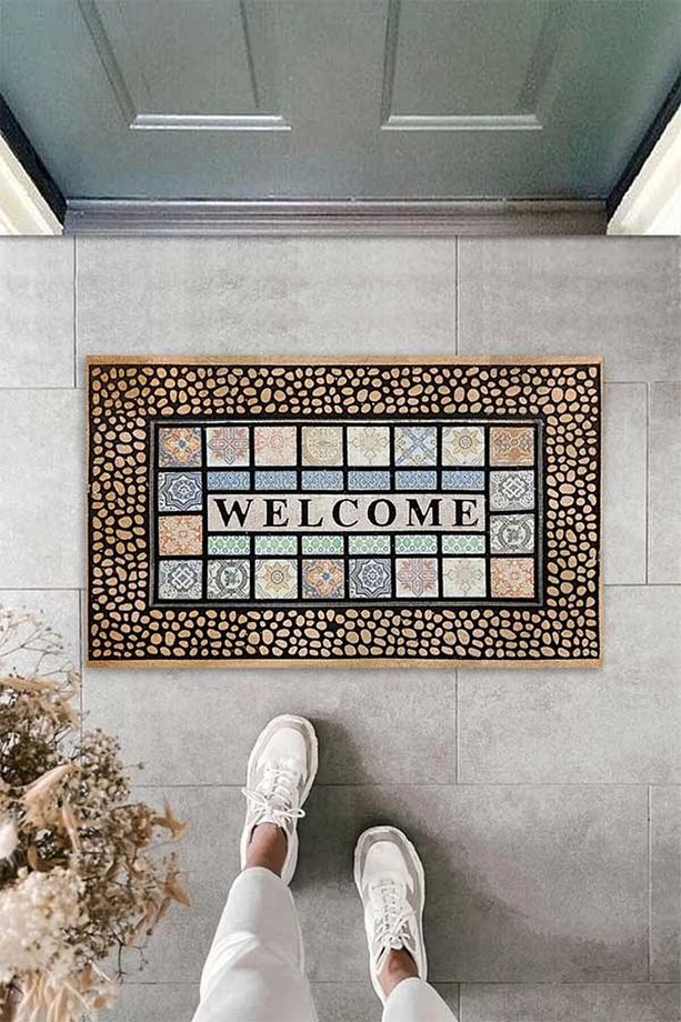 Dijital Baskılı Welcome Yazılı Taş Desenli Dekoratif Kapı Önü Paspası - 4