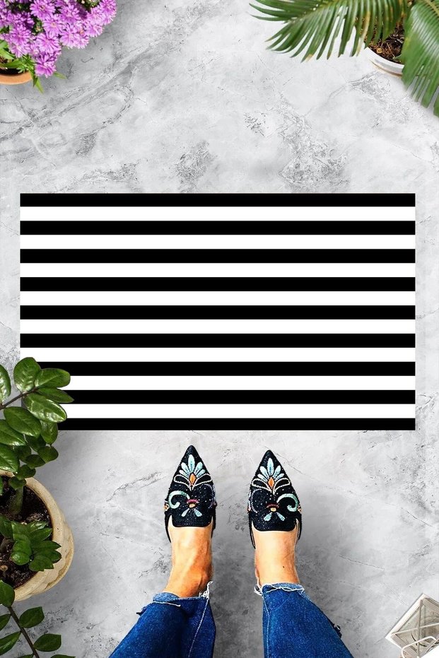 Digital Printed Black and White Parallel Striped Decorative Door Mat
