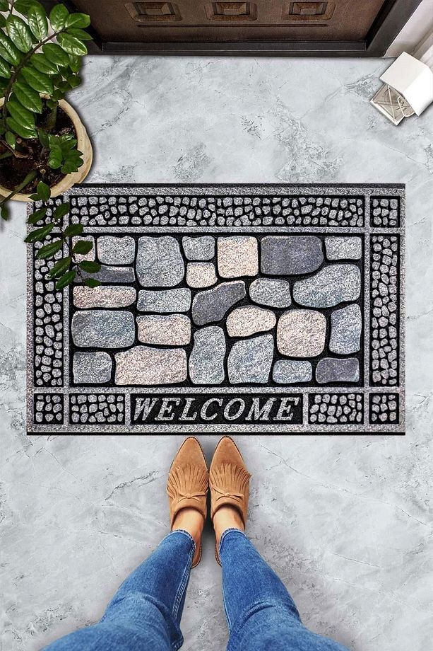 Dijital Baskılı Welcome Yazılı Taş Desenli Dekoratif Kapı Önü Paspası - 3