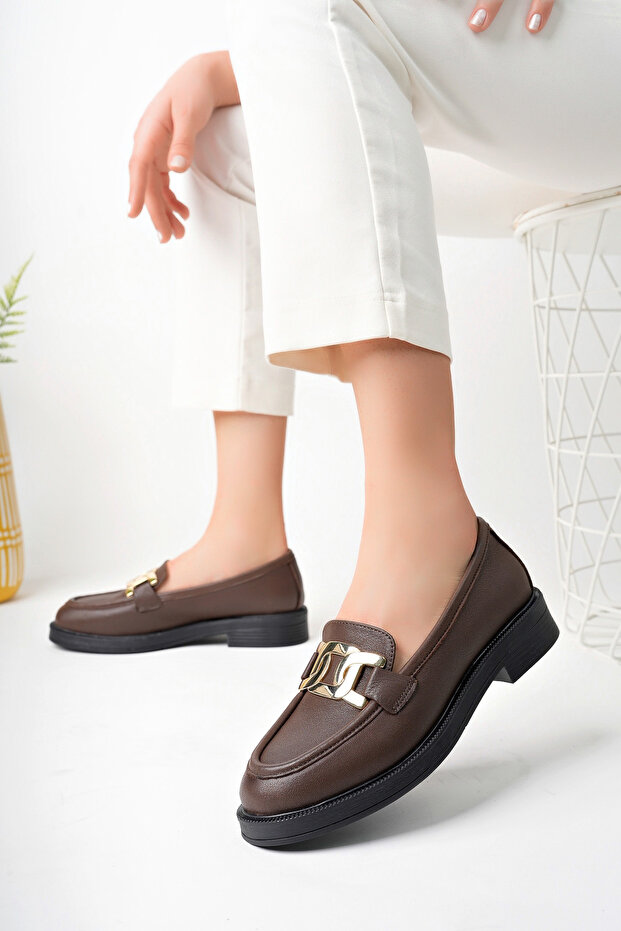 Brown Women's Shoes with Genuine Leather Buckle