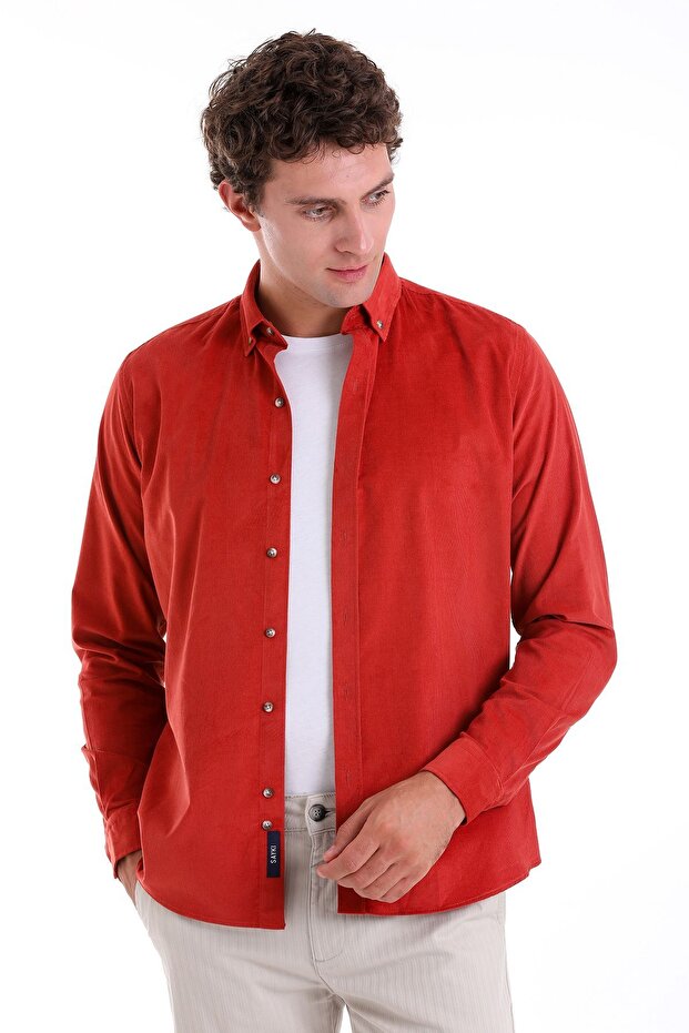 Tile Comfort Fit Straight 100% Cotton Buttoned Collar Long Sleeve Casual Velvet Shirt