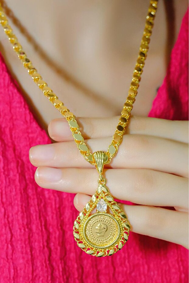 Çeyrek Altınlı Beyaz Taşlı Pullu Kolye - 4