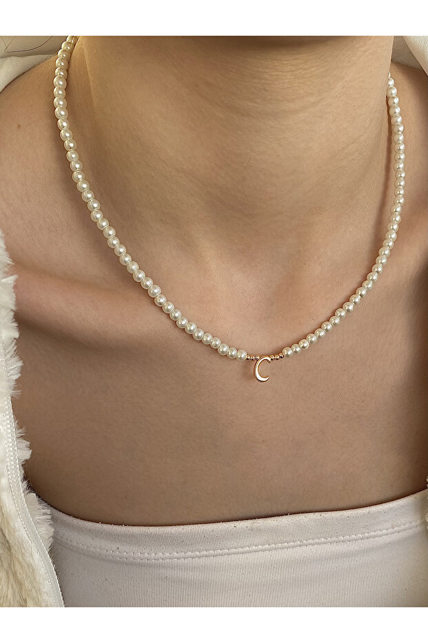 Pearl women's gold necklace with Letter C