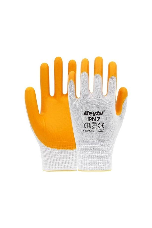 BEYBİ PN7 Polyester Örme Nitril İş Eldiveni Beyaz/Sarı - No 9 (30 Adet) - 1