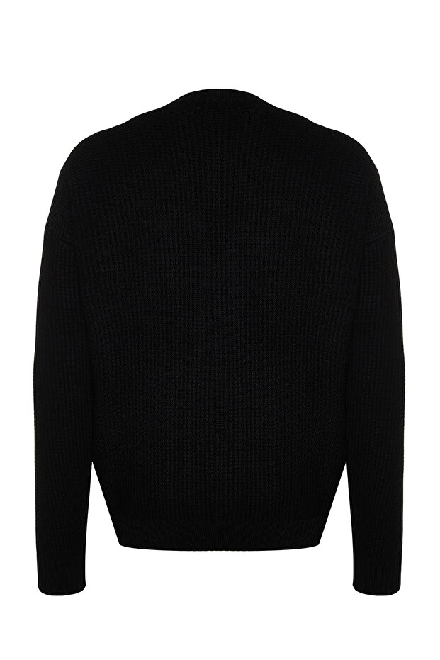 Siyah Oversize Fit Geniş Kalıp Bisiklet Yaka Nakışlı Triko Kazak TMNAW24KZ00032 - 8