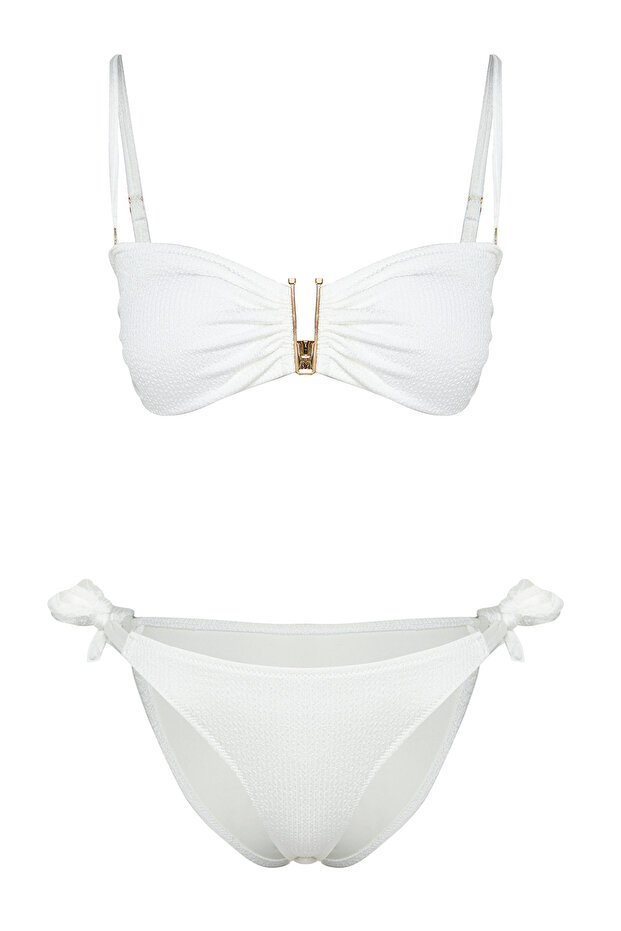 Ekru Dokulu Aksesuarlı Straplez Kaplı Brazilian Normal Bel Bikini Takımı TBESS24BT00019 - 6