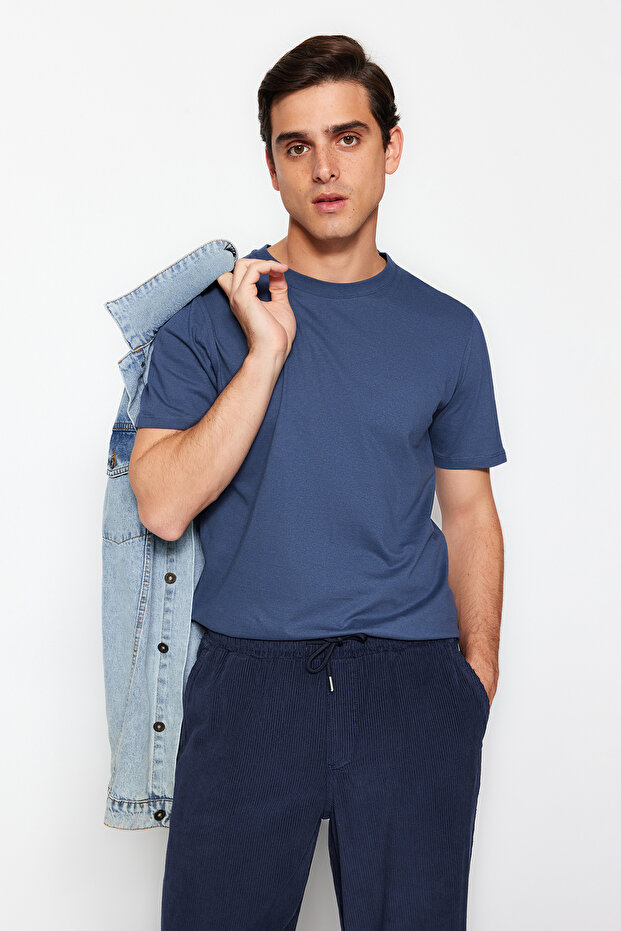 Gri-Ekru-Indigo Slim/Dar Kesim Bisiklet Yaka Basic %100 Pamuklu 3'lü Paket T-Shirt TMNSS19BO0007 - 6