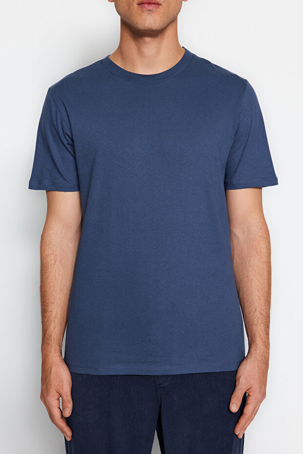 Gri-Ekru-Indigo Slim/Dar Kesim Bisiklet Yaka Basic %100 Pamuklu 3'lü Paket T-Shirt TMNSS19BO0007 - 7