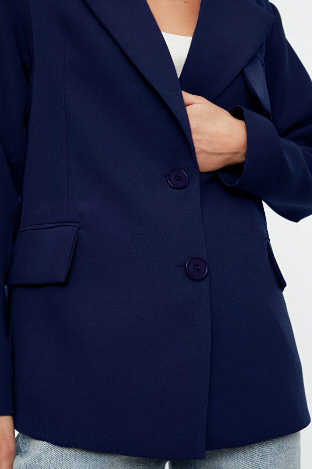 Lacivert Oversize Astarlı Dokuma Blazer Ceket TWOSS22CE0077 - 4