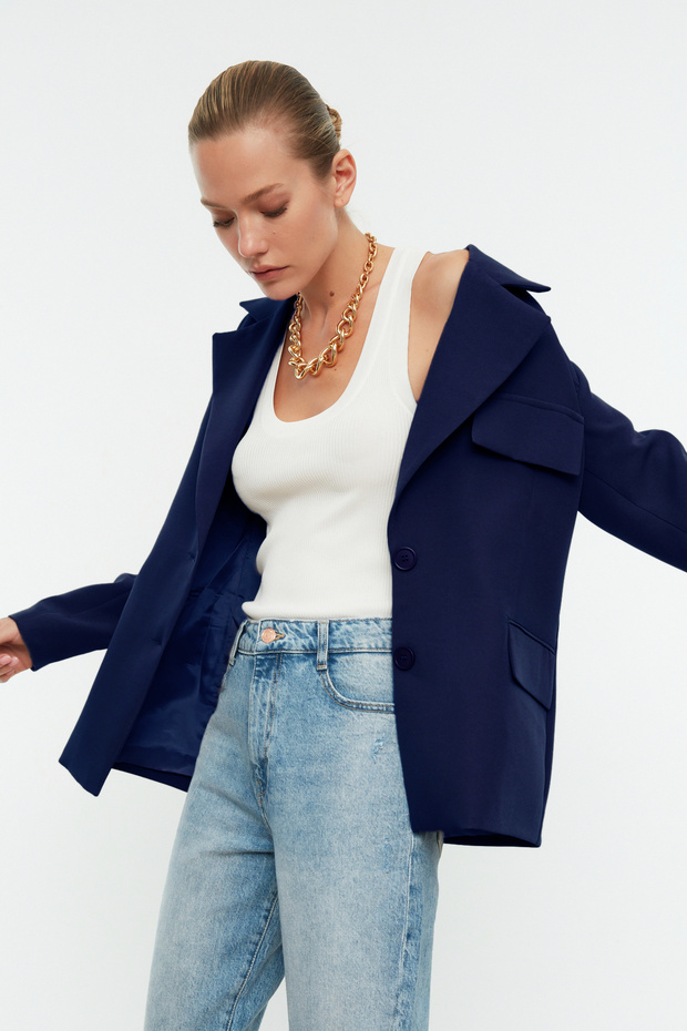 Lacivert Oversize Astarlı Dokuma Blazer Ceket TWOSS22CE0077 - 2