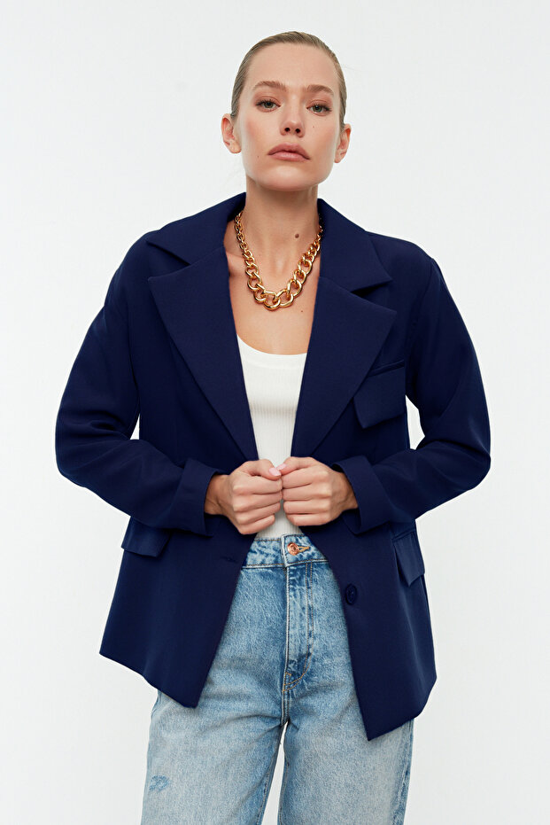 Lacivert Oversize Astarlı Dokuma Blazer Ceket TWOSS22CE0077 - 3