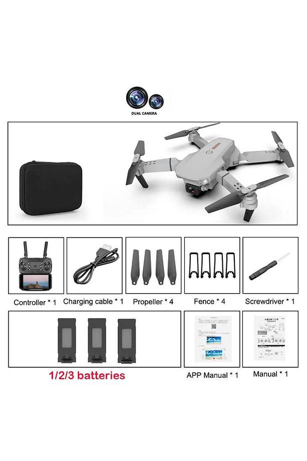 E88 DRONE 4K HD ÇİFT KAMERALI DRONE APP KONTROL WİFİ Lİ KATLANABİLİR QUATCOPTER X3 BATARYA - 3