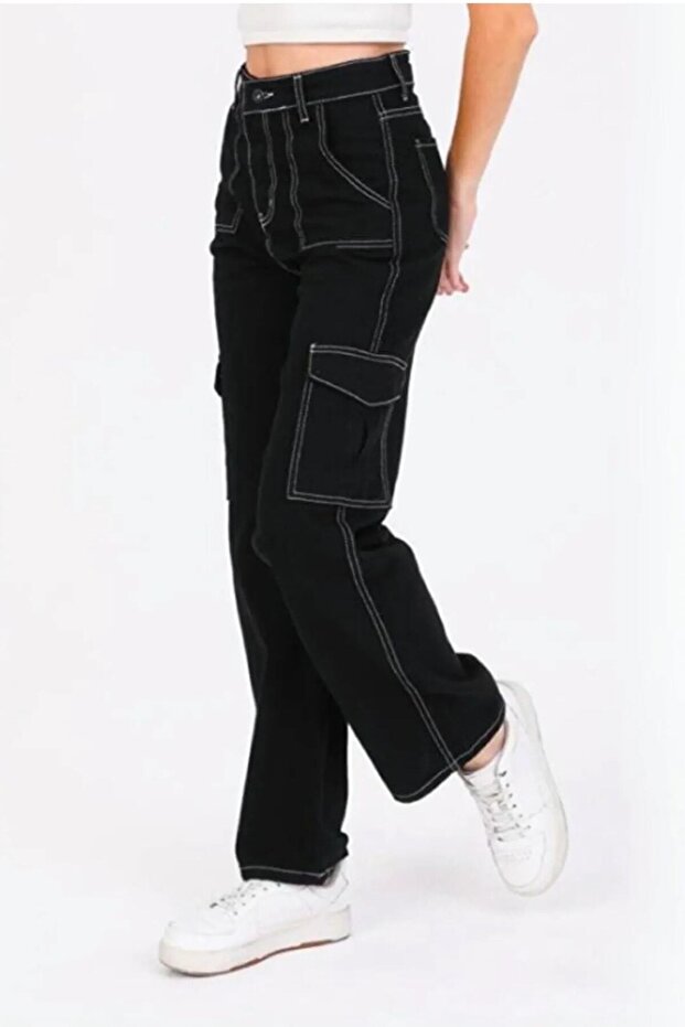 Girl's Black Reverse Stitch Detailed Denim Cargo Pants Denim Jean