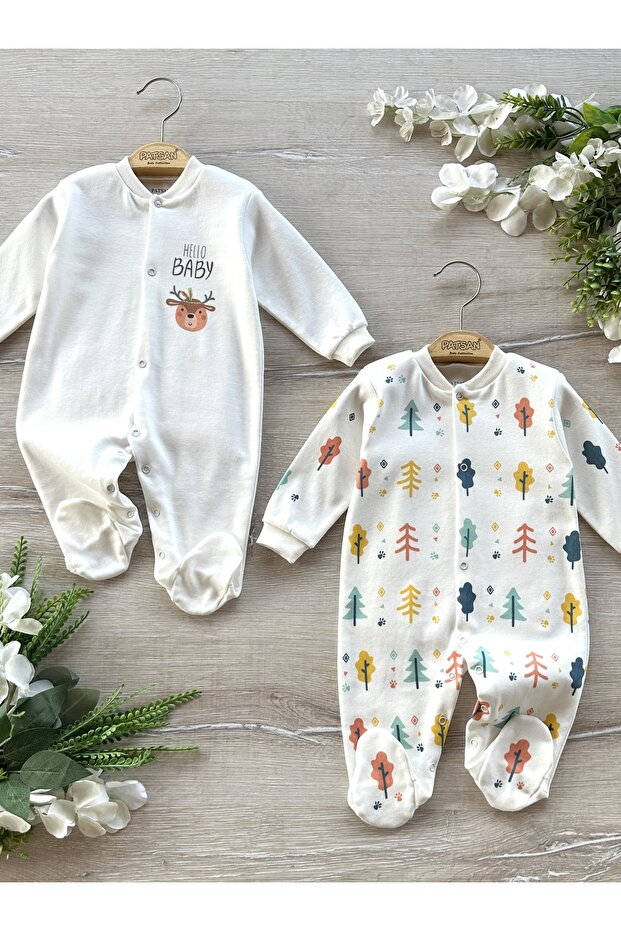 2-Piece Organic Cotton Baby Rompers Set with Booties Tree Deer